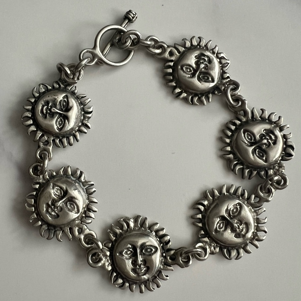 Stirling Silver Mexican Aztec Sun Face Links Bracelet, Stamped 925